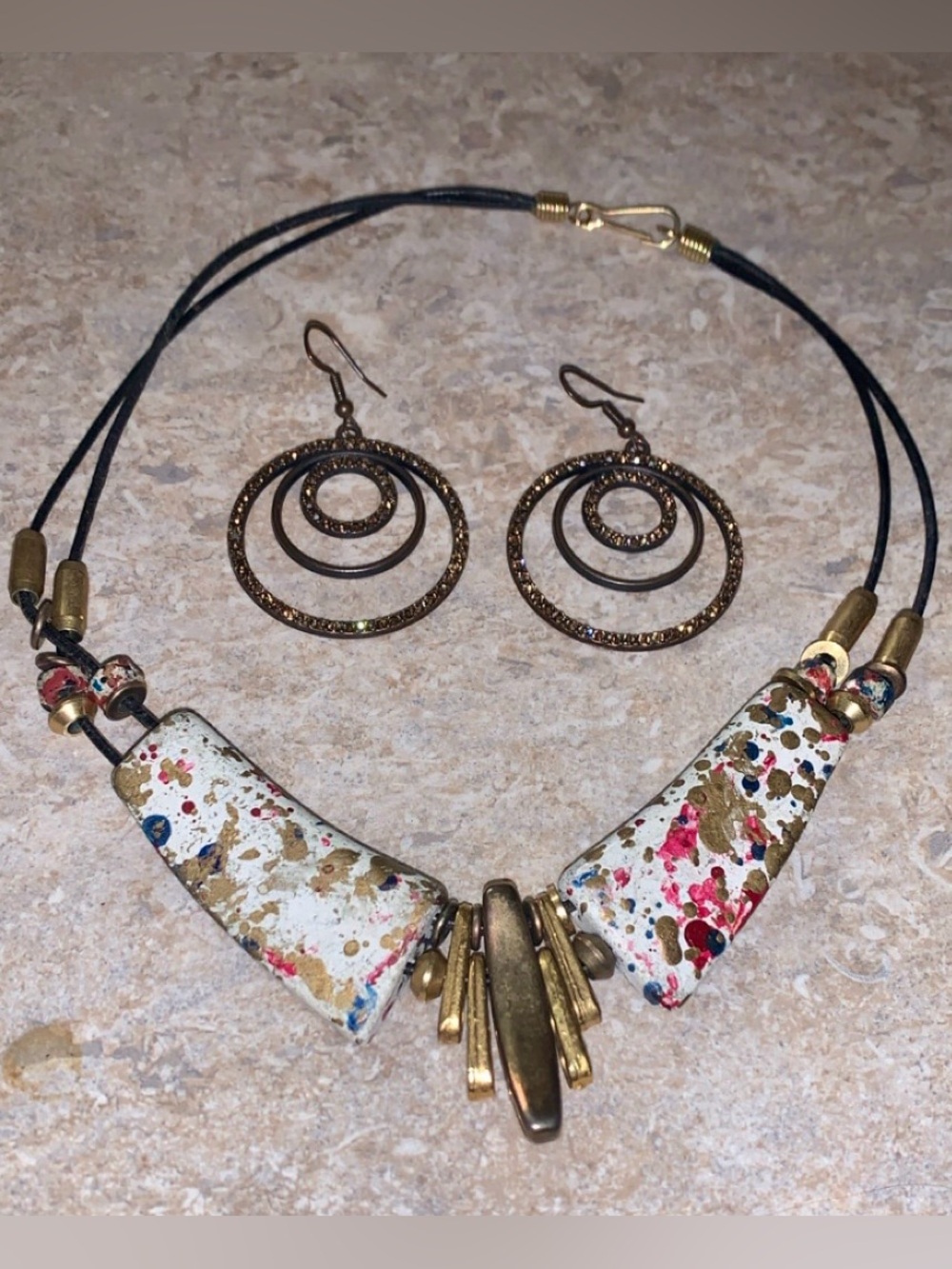 Hand-Painted White Multicolor Statement choker with Gold Accents